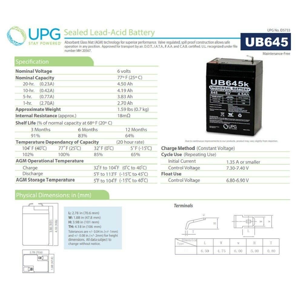 3PK UB645 6V 4.5AH Sealed Lead Acid (SLA) Battery - T1 Terminals - for ZB-6-4.5