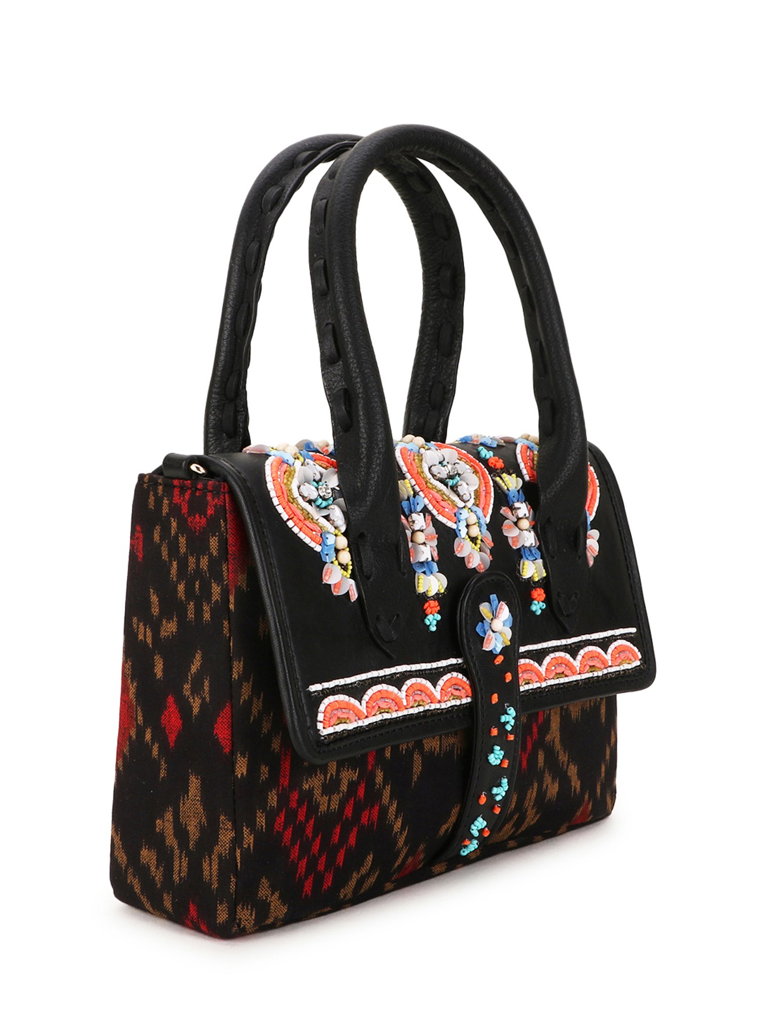 Spice Art Black Leather Medium Printed Handbag