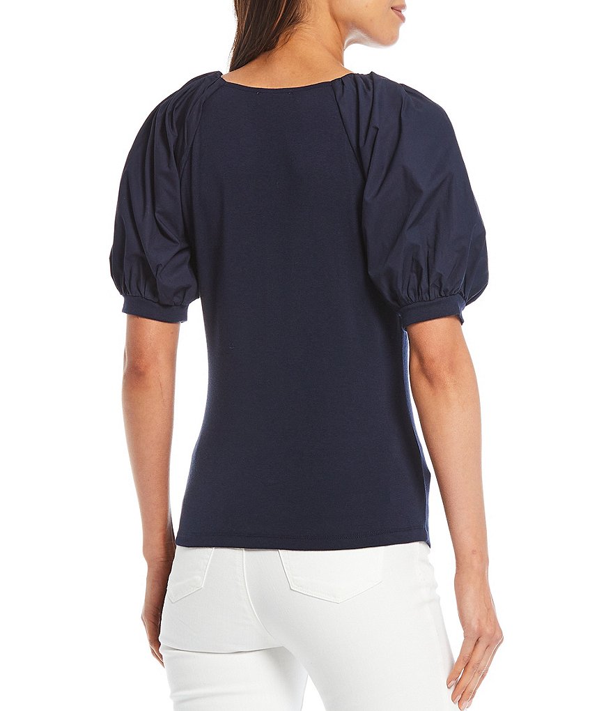 A Loves A V-Neck Balloon Sleeve Mixed Media Tee