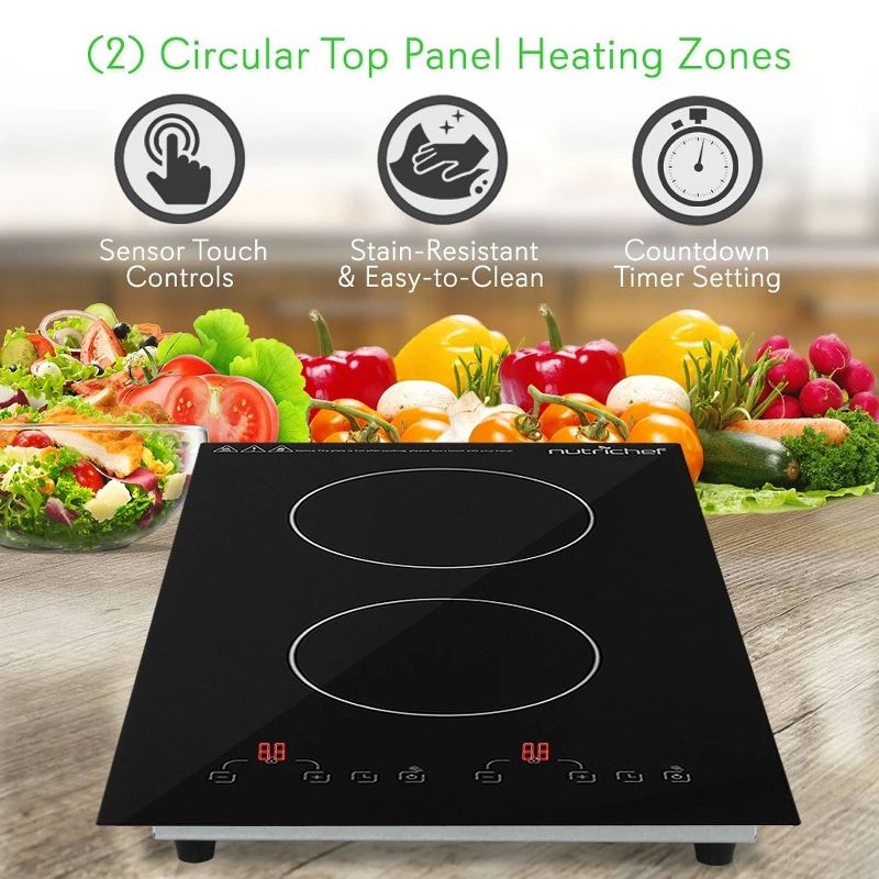 NutriChef 1800 Watt Adjustable Temperature Electric Dual Induction Double Countertop Cooktop Burner with Digital Controls and Countdown Timer, Black