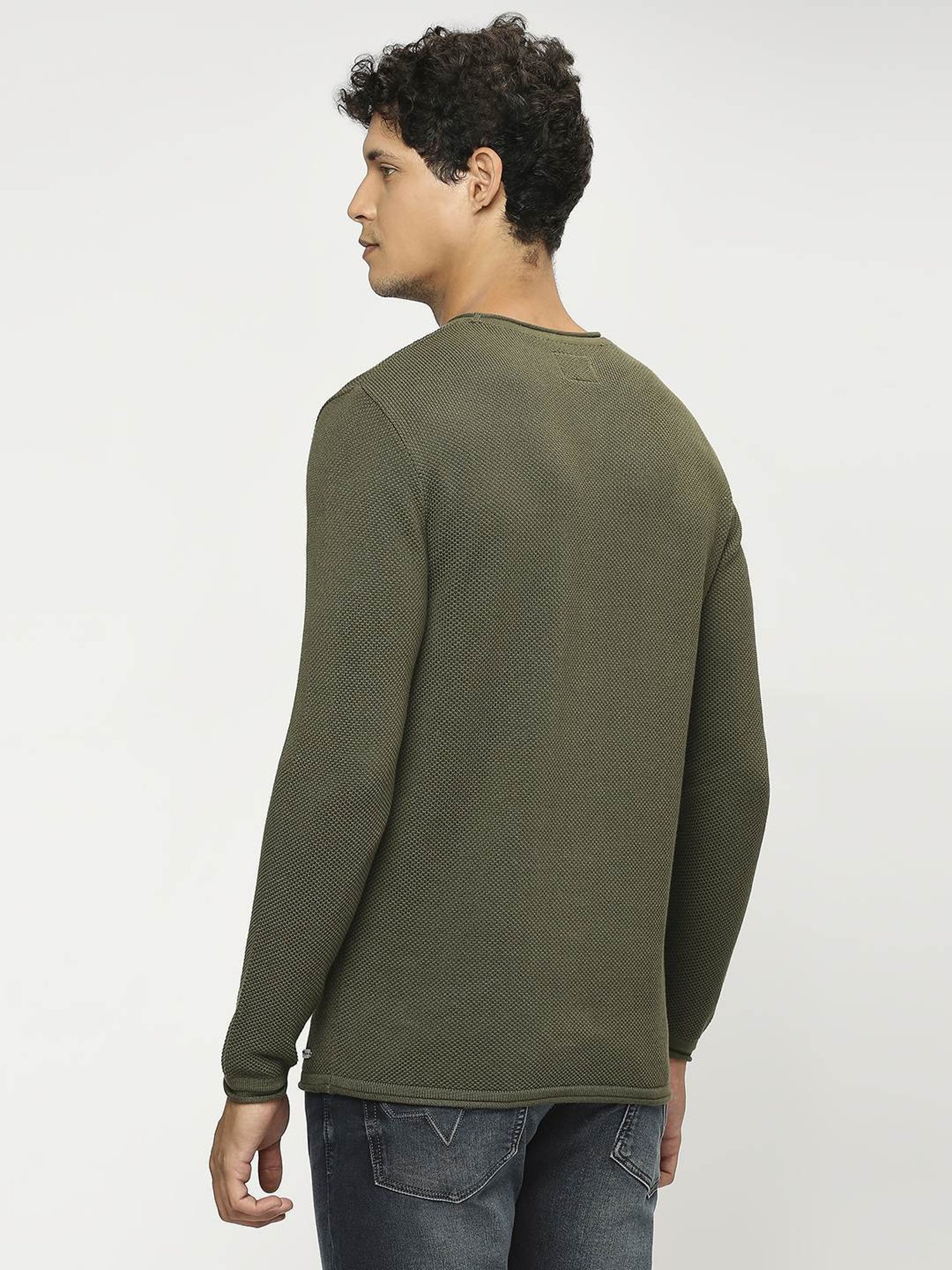 Pepe Jeans Olive Cotton Regular Fit Self Pattern Sweater