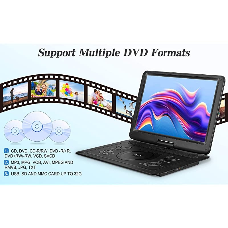 J 17.9" Region Free Portable DVD Player with 6 Hours Rechargeable Battery, Large 15.4&ldquo; Screen DVD Player Sync TV Support USB/SD Card and Multiple Disc Formats, High Volume Speaker Black