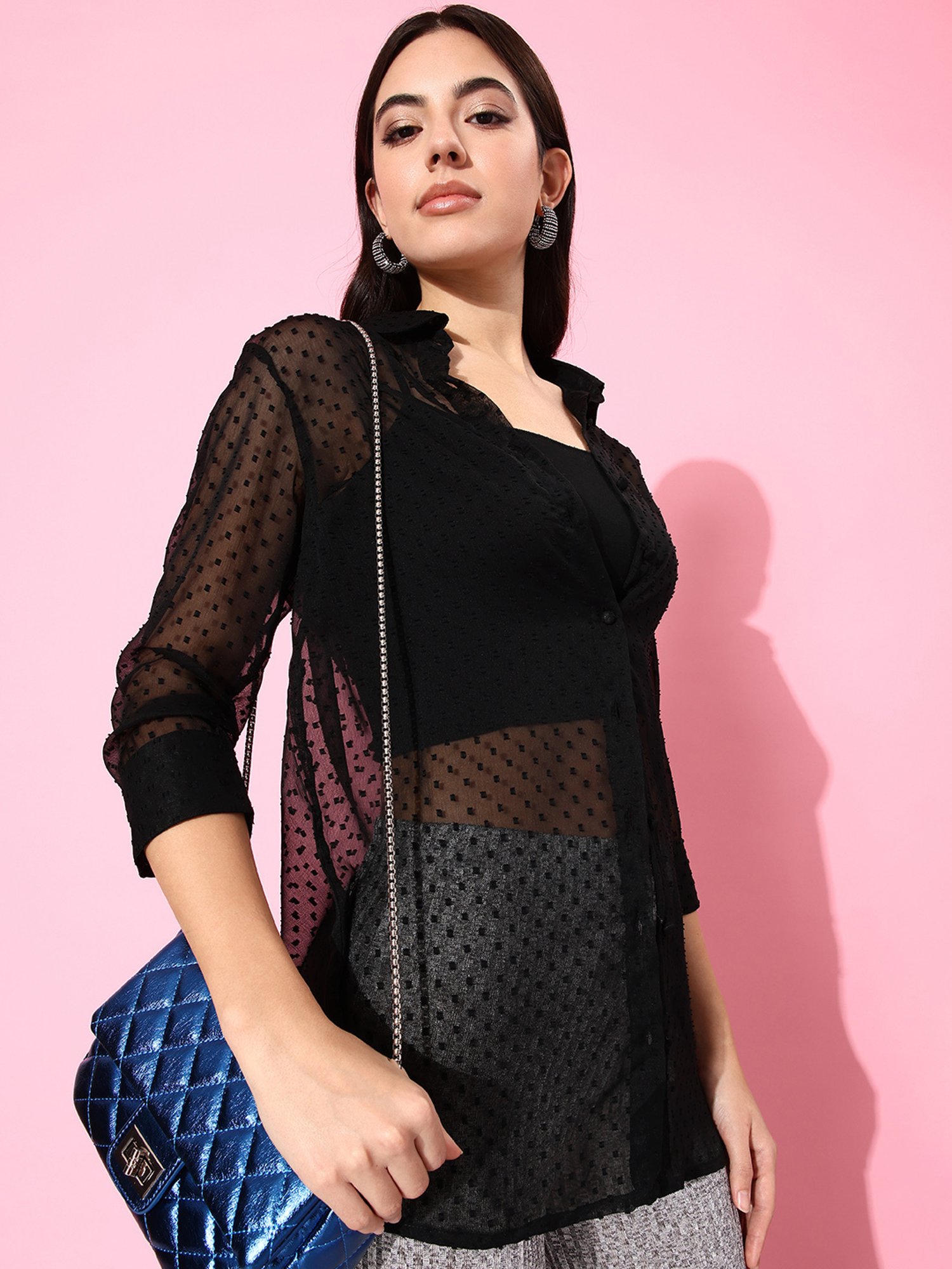 Anvi Be Yourself Black Self Design Long Shirt