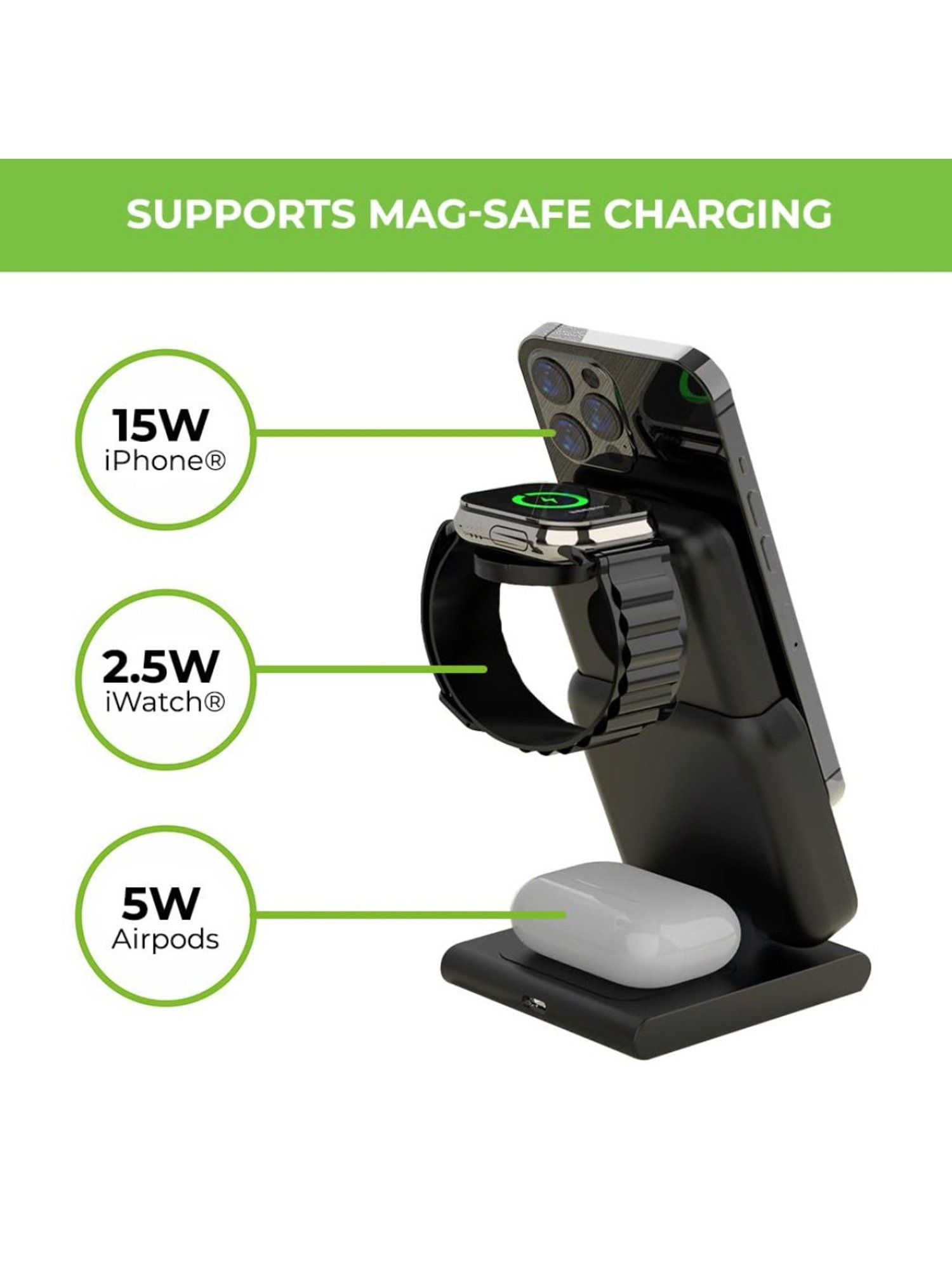 ULTRAPROLINK UM1006GO 3in1 Folding 20W Magnetic Power Bank for iWatch, Airpods &  Earbuds (Black)