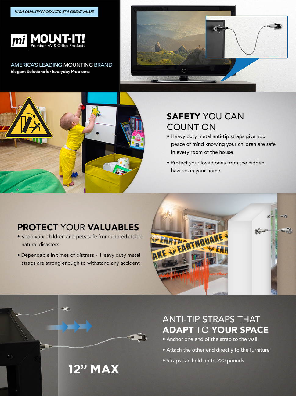 Mount-It! Furniture Anti-Tip Anchor Steel Child Safety Straps | Secure Wall Anchors | Adjust Up to 12 inches | 2 Pack