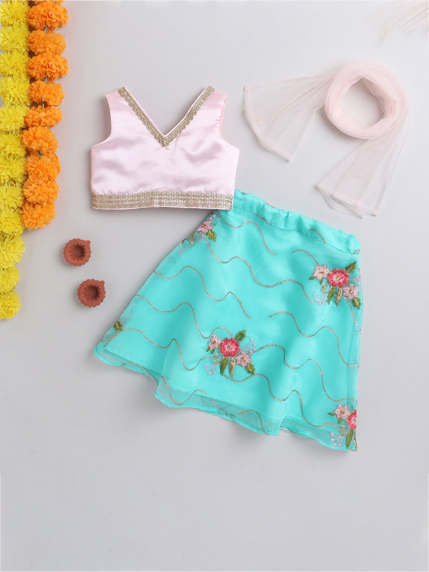 Many Frocks Kids Pink & Blue Embroidered Lehenga, Choli with Dupatta