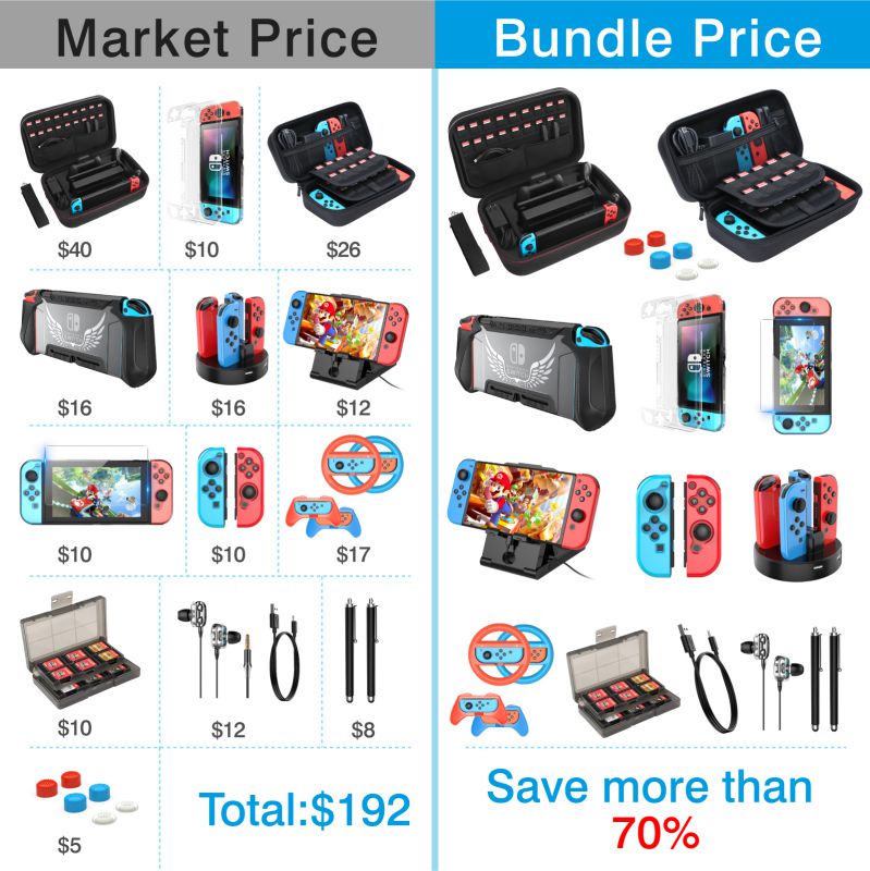 HEYSTOP Compatible with Nintendo Switch Case 25 in 1Switch Accessories Gift Kit Protective Case Screen Protector Thumb Grip Cap Joycon Charger Wheel Grip TPU Case PlayStand Game Card Box Epic Pack