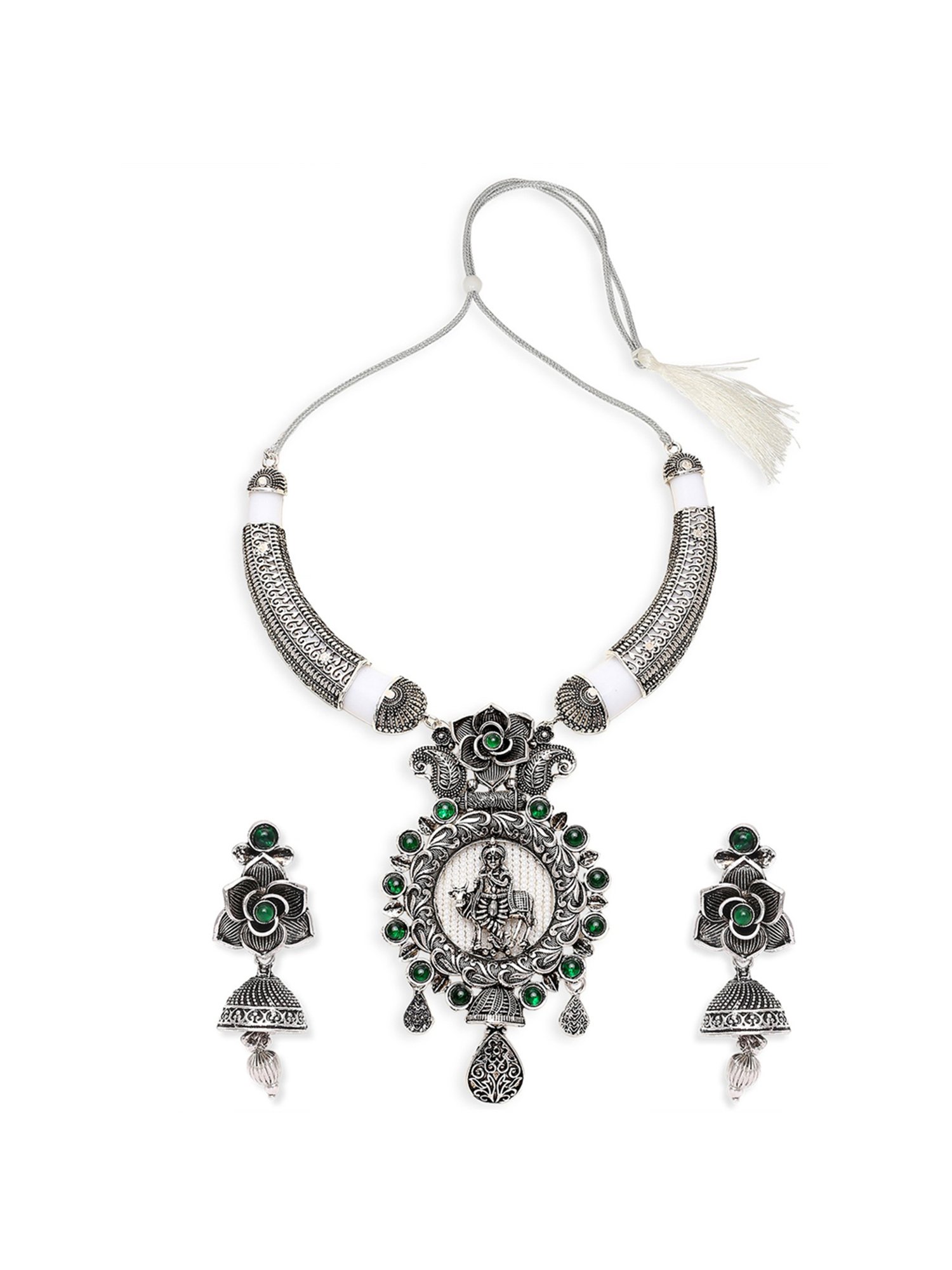 Oomph Oxidised Silver Ethnic Necklace & Earring Set