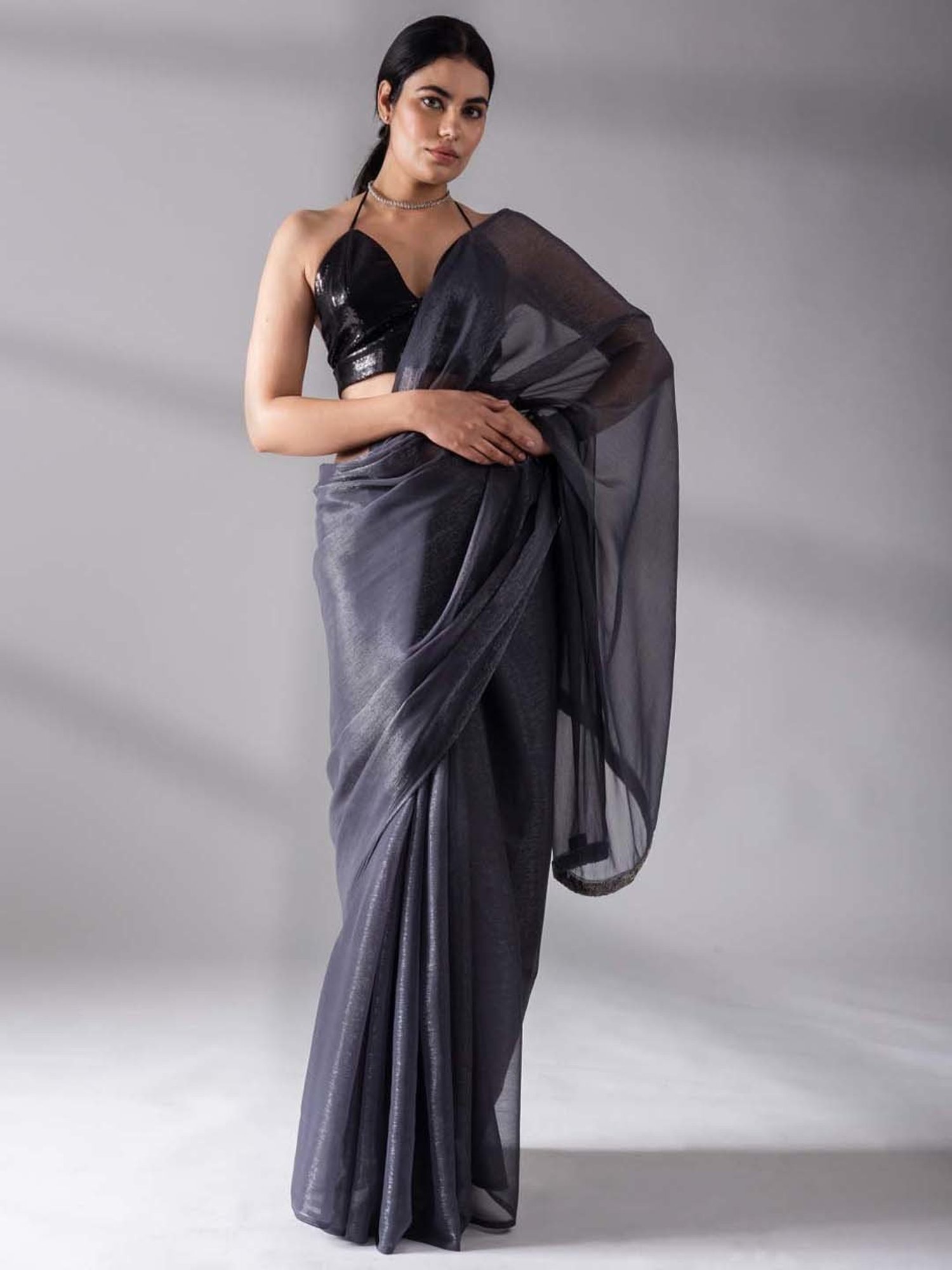 Swtantra Grey Chiffon Saree