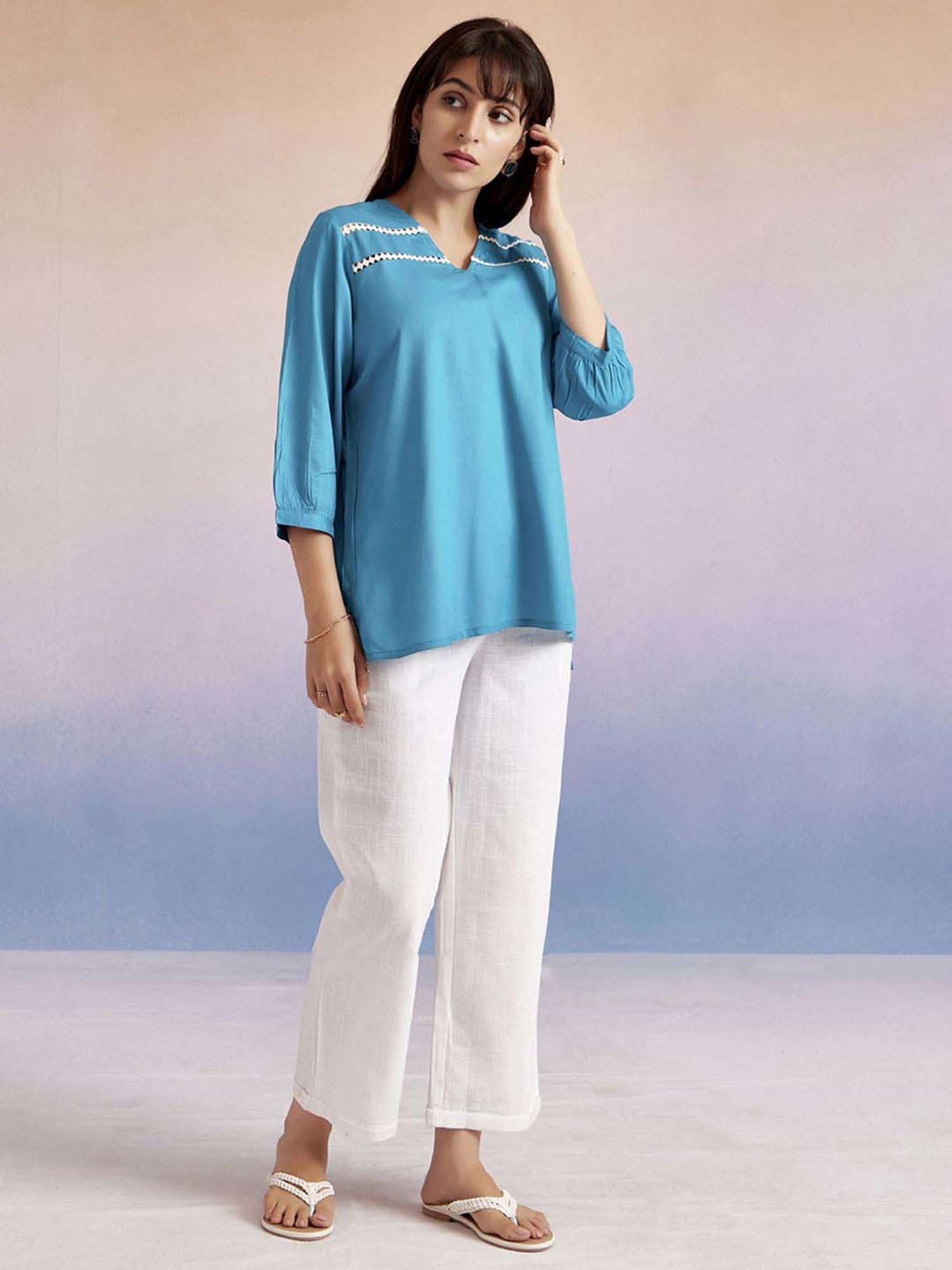 Jaipur Kurti Turquoise Self Pattern Top