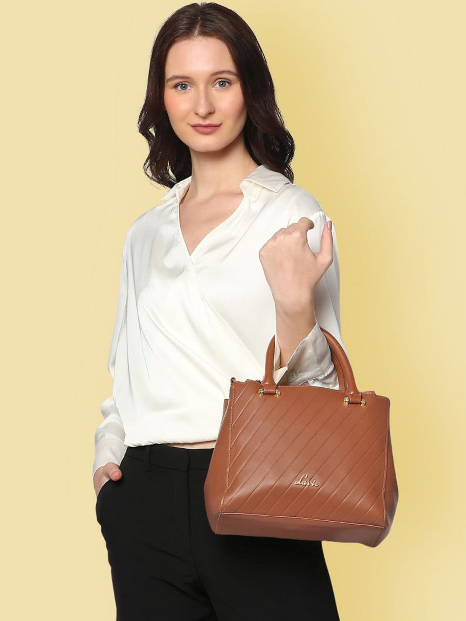 Lavie Embomnia Tan Synthetic Textured Handbag
