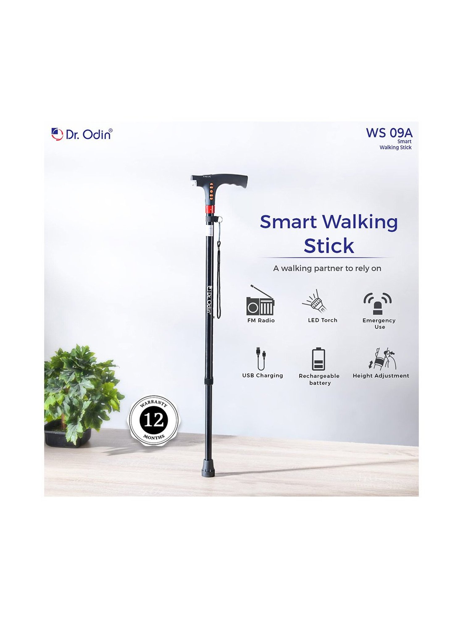 Dr. Odin Foldable Smart Walking Stick with FM Radio and SOS (Black)