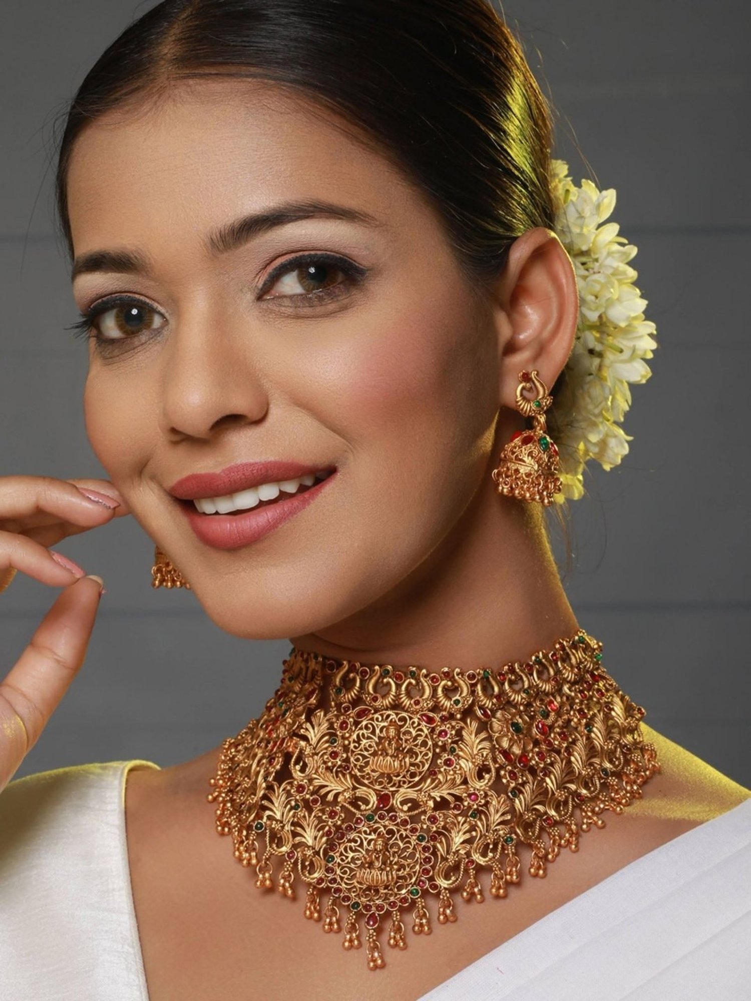 Aatmana Gold-Plated Red & Green Stone-Studded Temple Necklace Set