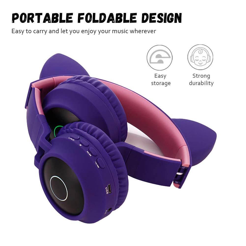 Cute Cat Ear Bluetooth 5.0 Headphones Foldable On-Ear Stereo Wireless Headset with Mic LED Light Support FM Radio/TF Card/Aux in for Smartphones PC Tablet  Pink gray