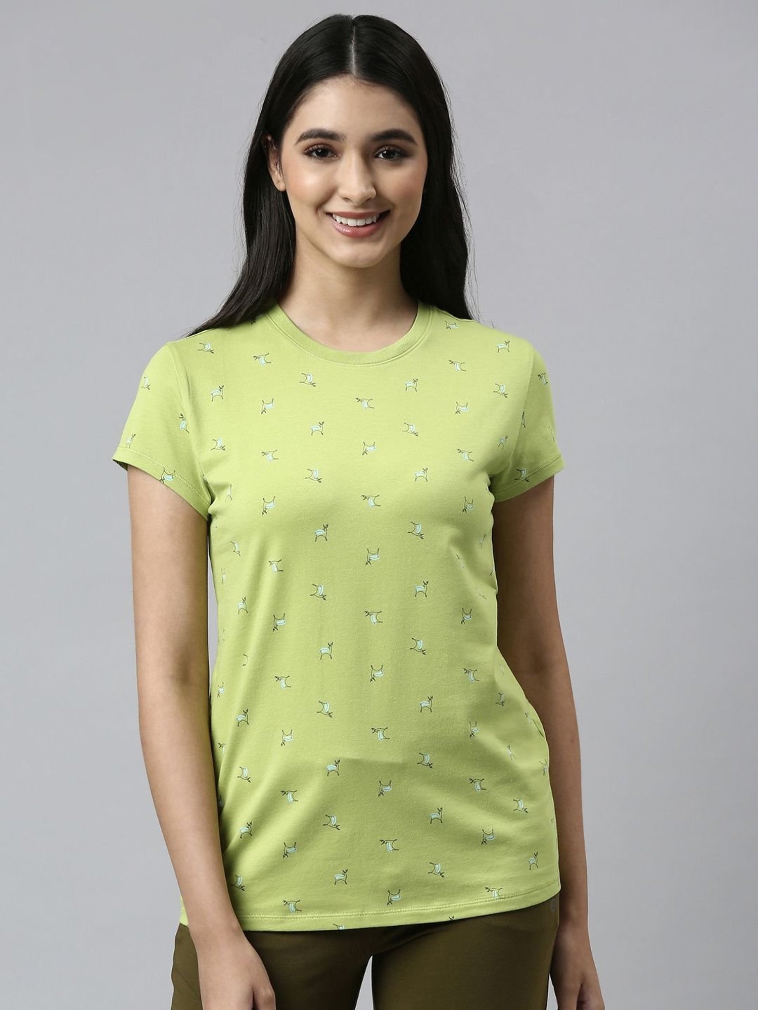 Enamor Green Cotton Printed T-Shirt