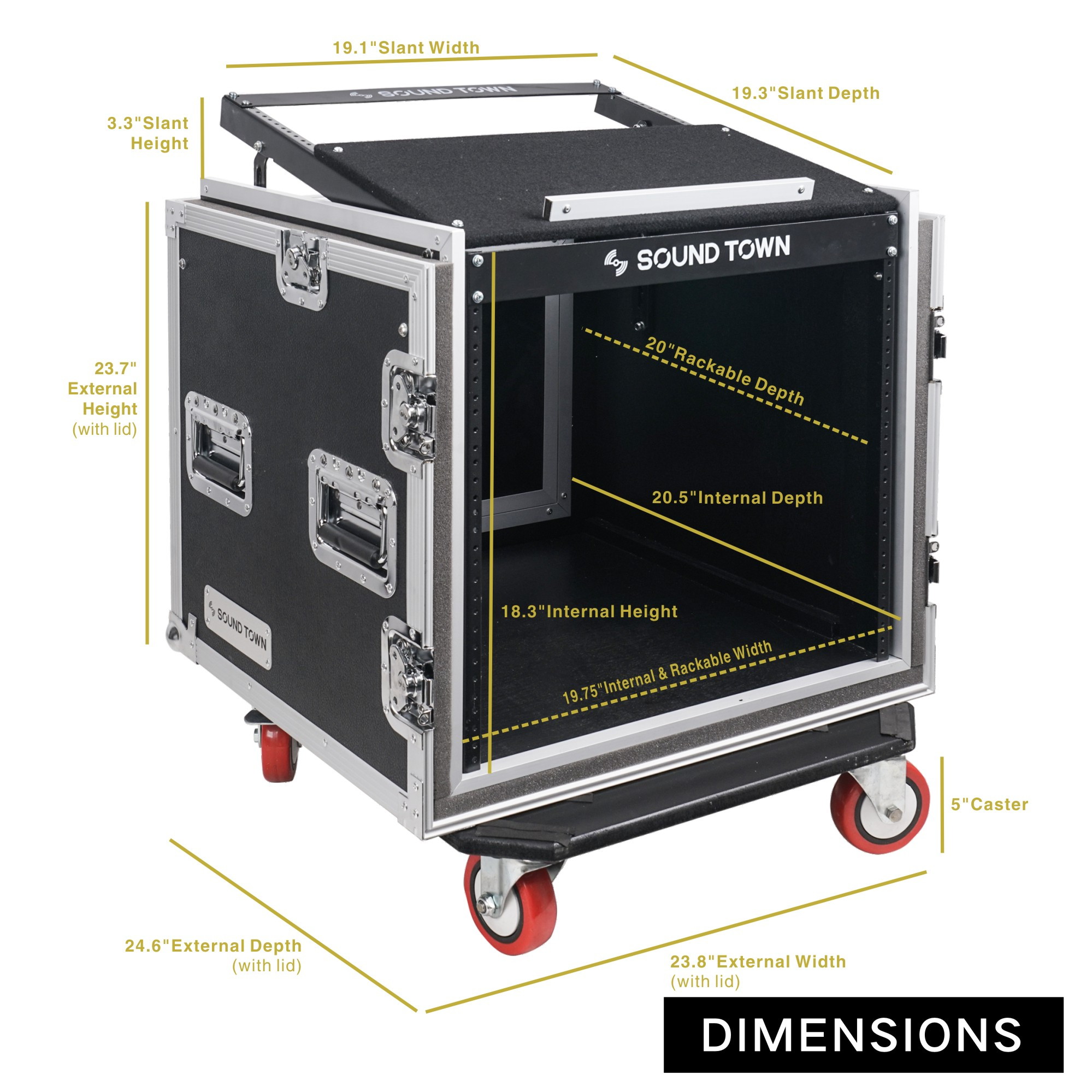 Sound Town Shock Mount 10U ATA Rack Case with 20&rdquo; Rackable Depth, 11U Slant Mixer Top and Casters, 10-Space Size (STMR-SP10UW)