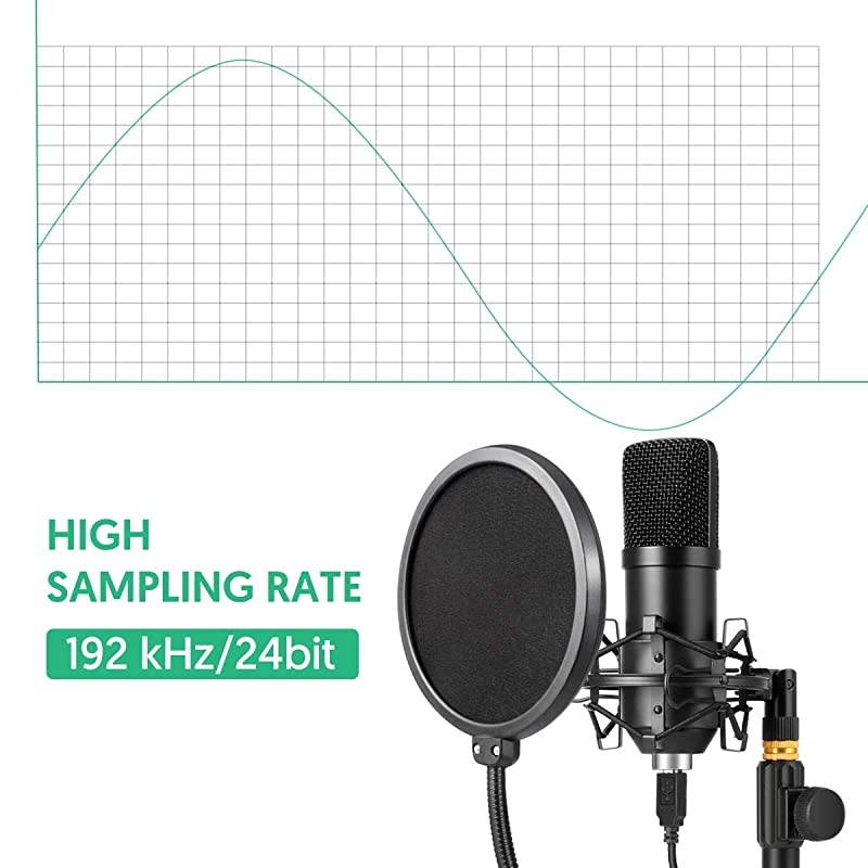 USB Microphone Kit 192kHz/24bit  Condenser Podcast Streaming Cardioid Mic Kit with Sound Card Desktop Stand Shock Mount Pop Filter, Plug & Play for Skype, YouTube, Gaming, Studio Recording