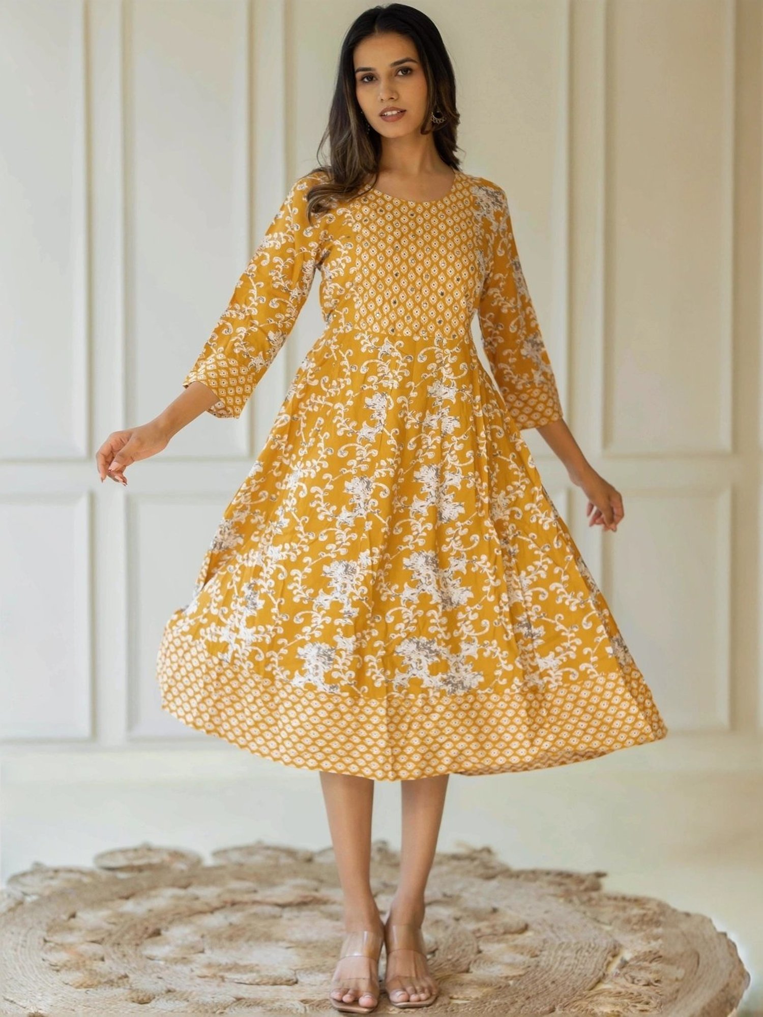 MIRCHI FASHION Yellow Cotton Printed A-Line Dress