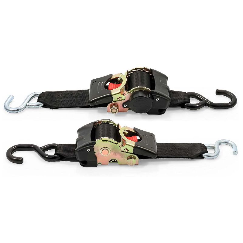 Camco Retractable Secure Hauling and Transporting Sturdy Ratchet Tie Down Straps with Dual Hooks, 2-Inch