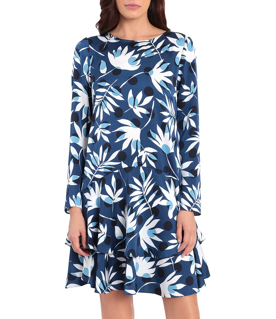 Maggy London Floral Tiered Crepe Jewel Neck Trapeze Dress