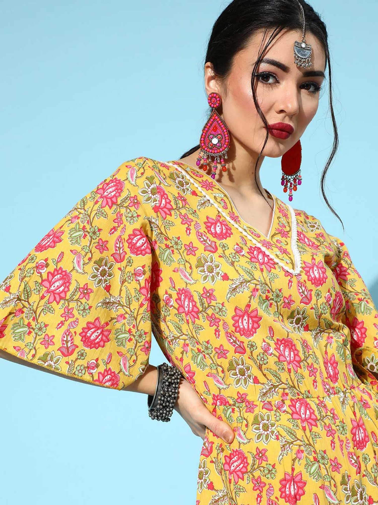 Yufta Yellow Cotton Floral Print Jumpsuit