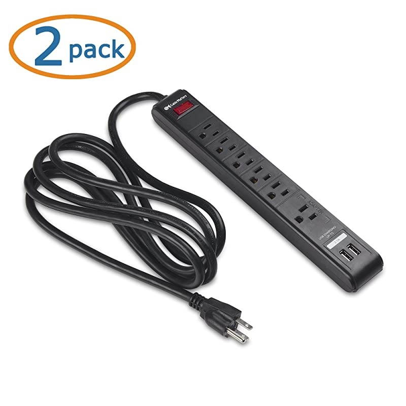 2Pack 6 Outlet Surge Protector Power Strip with USB Charging Ports 300 Joules with 8 Foot Power Cord in Black