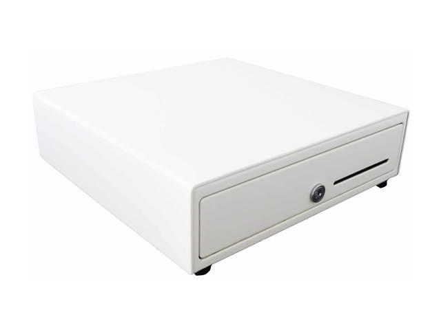 APG Vasario Series Standard Duty Cash Drawer, 13&rdquo; x 13&rdquo;, Single Media Slot, Multipro 24V, Fixed 4x4 Till (US Currency), Painted Front, All-White, Requires Cable &ndash;VB320-AW1313-B27