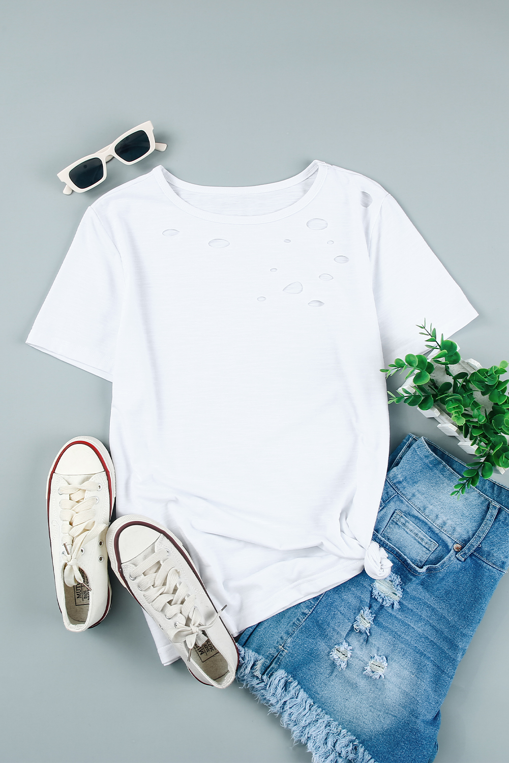 Blank T Shirt - White Distressed Short Sleeve Summer Plain T-Shirt Customized