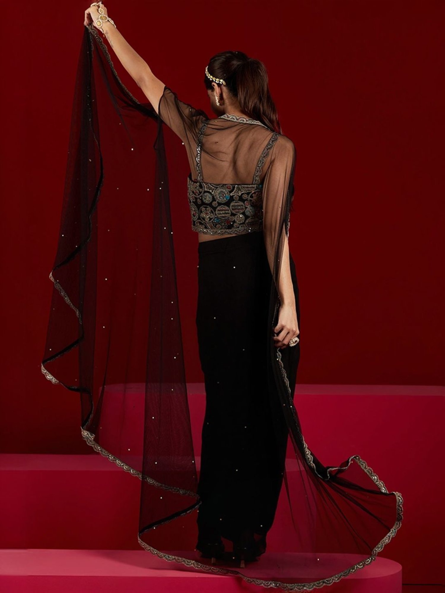 Libas Art Black Embroidered Crop Top Skirt Set With Shrug