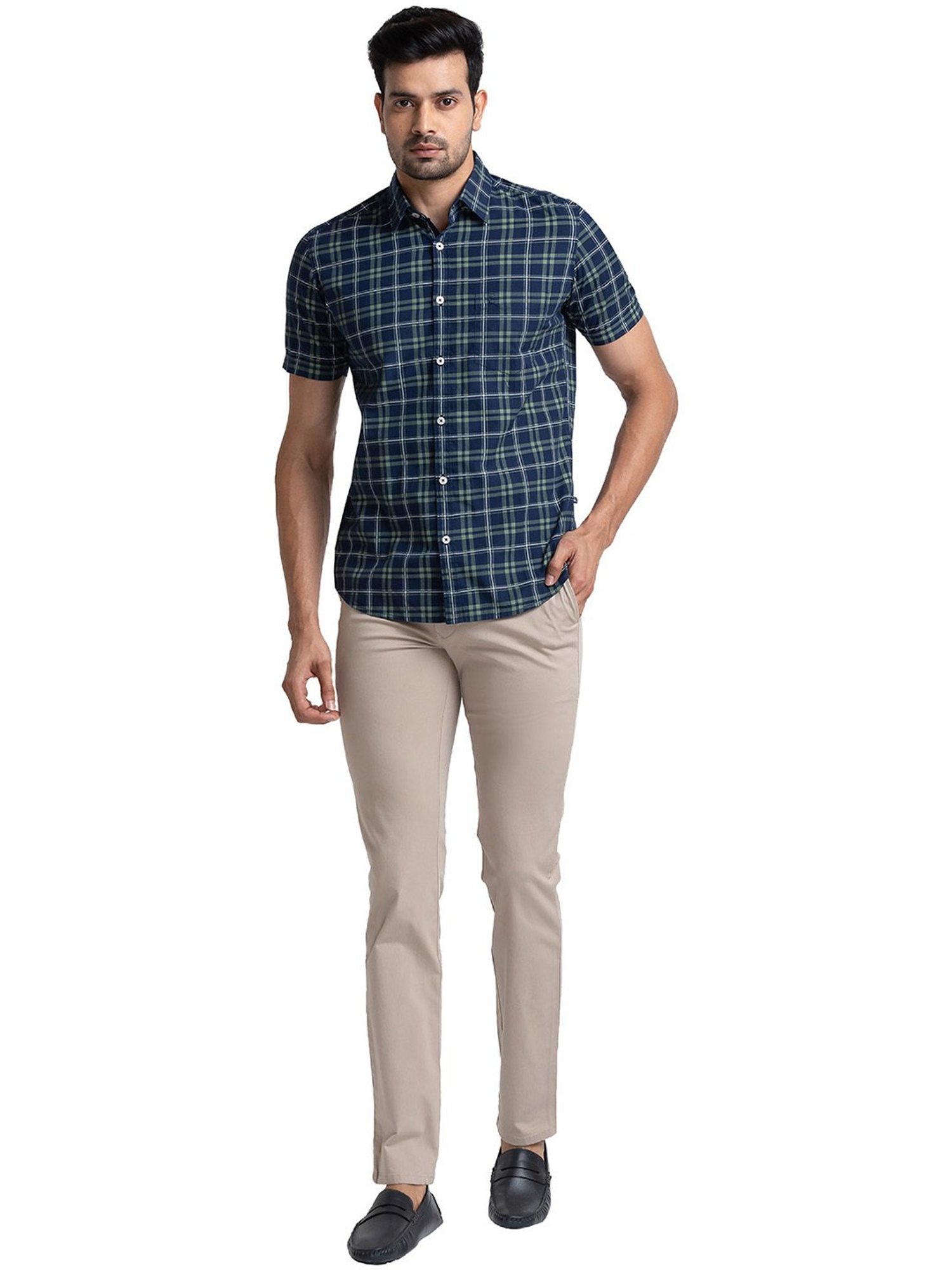 Parx Green & Navy Slim Fit Check Shirt