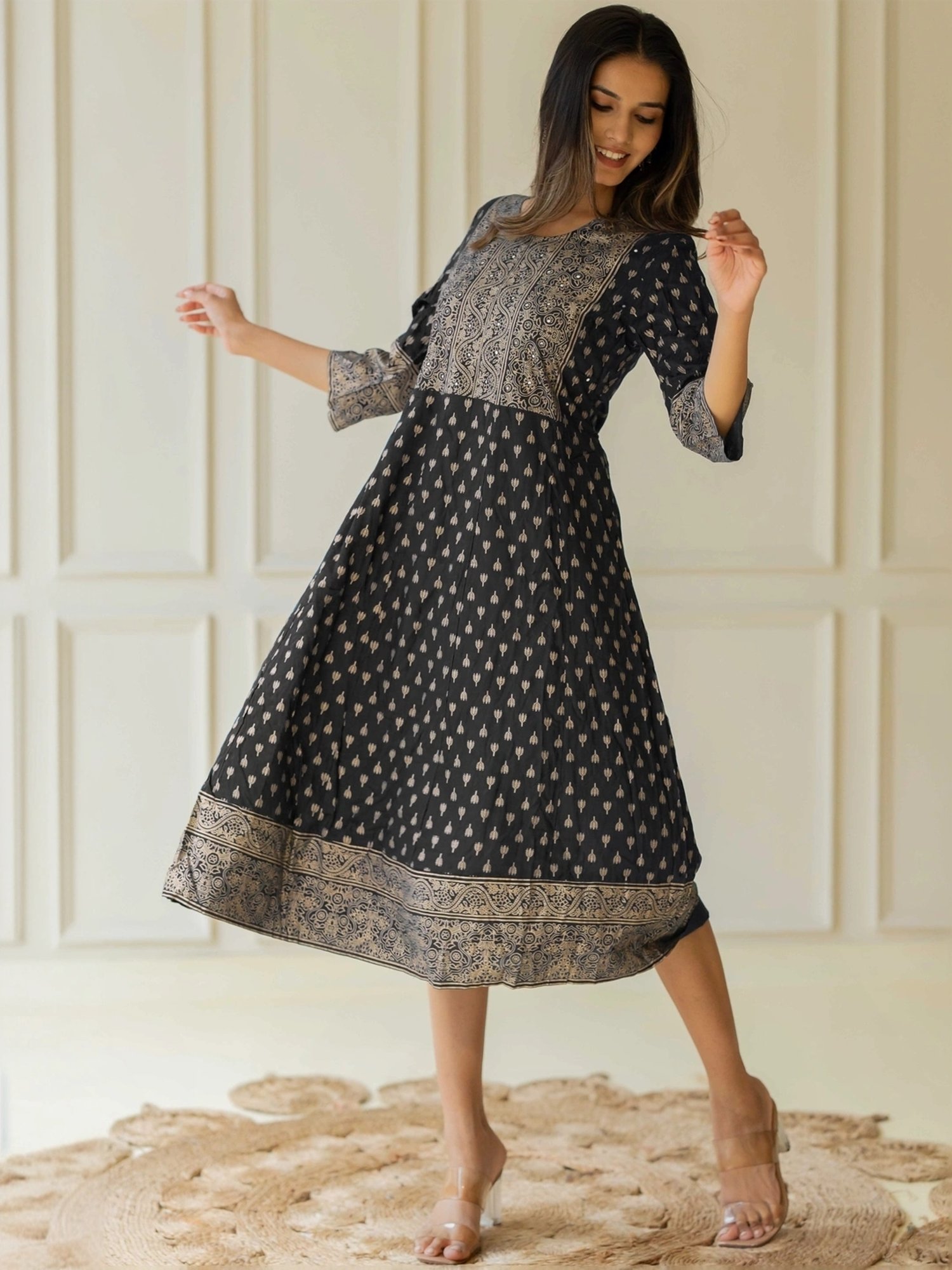 MIRCHI FASHION Black Cotton Printed A-Line Dress
