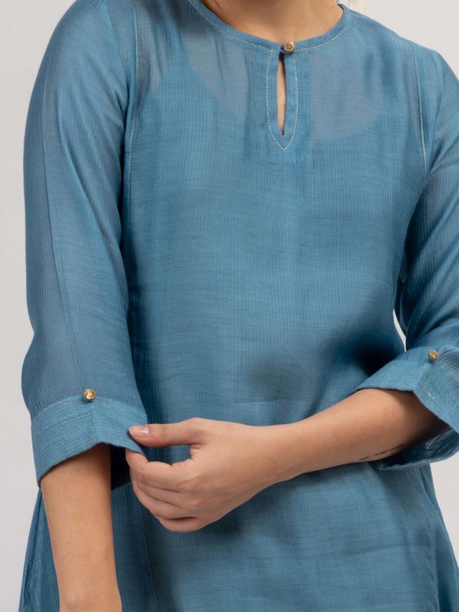 Mushio Blue & Grey Momento Stitch Detail Hand Woven Maheshwari Silk Kurta With Slip