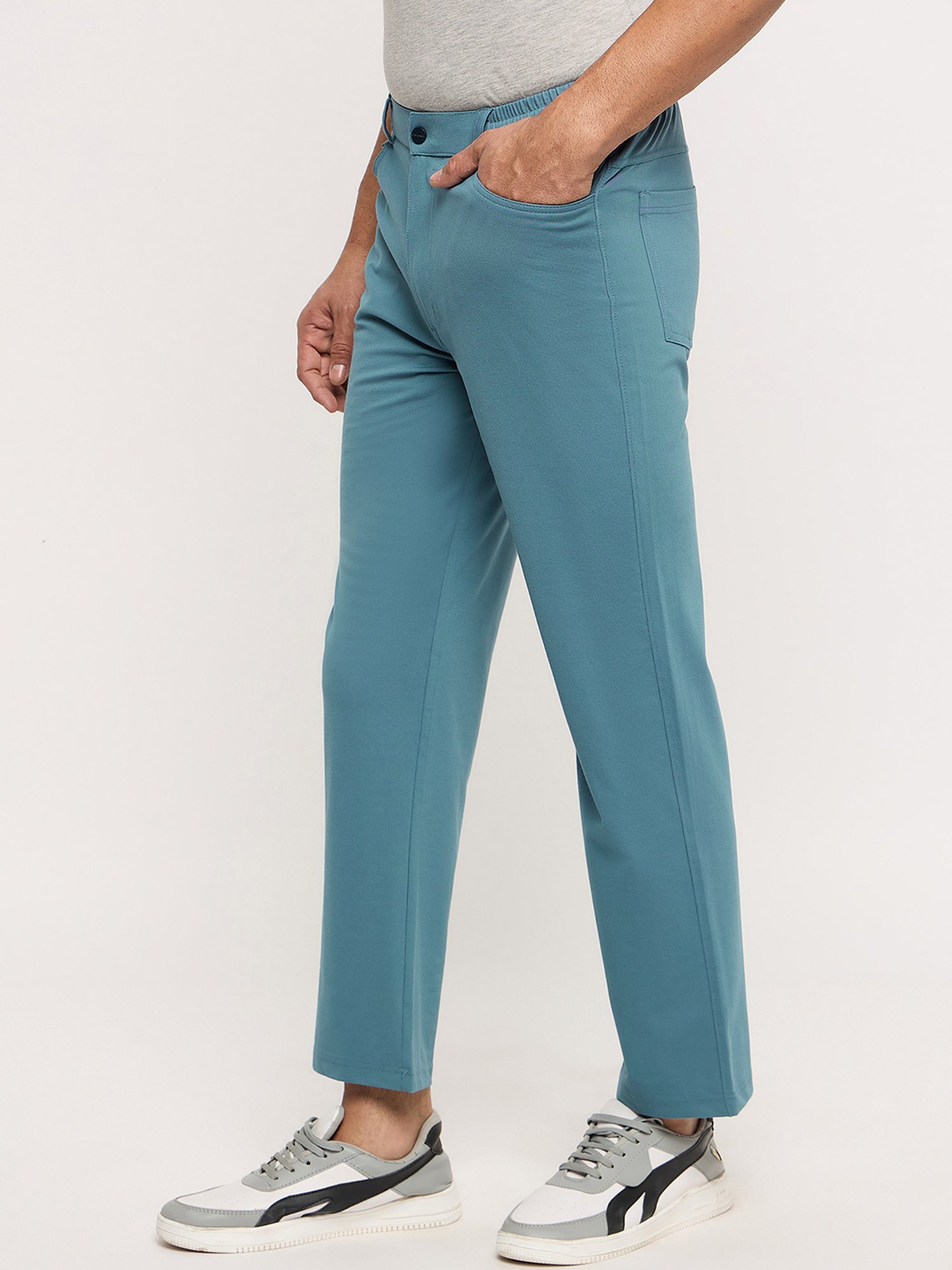 Okane Mid Blue Regular Fit Flat Front Trousers