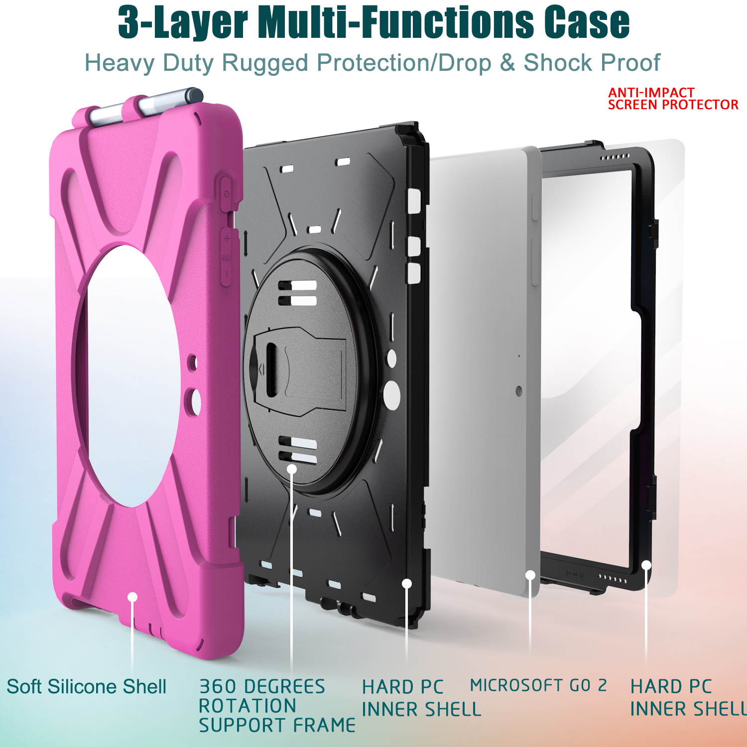 Case for Microsoft Surface Go 2 10.5 inch 2020 / Surface Go 10 inch 2018 with with Pen Holder, Hand Strap & Shoulder Strap Shockproof Protective Stand Cover