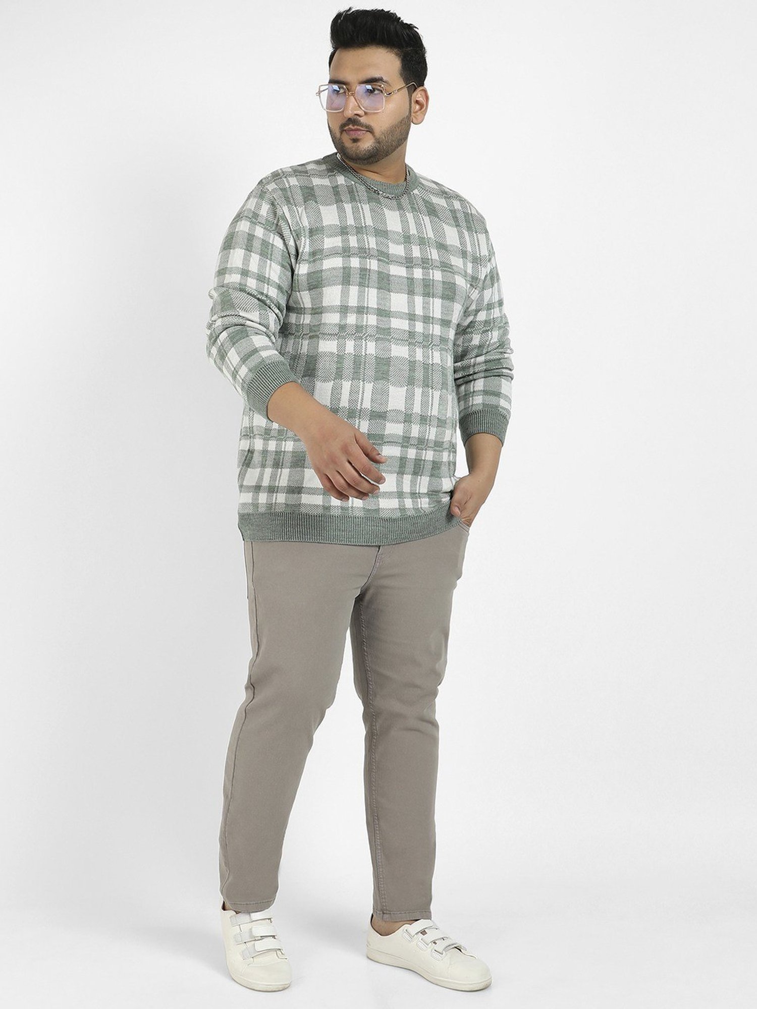 Instafab Plus Green Regular fit Checks Plus Size Sweater