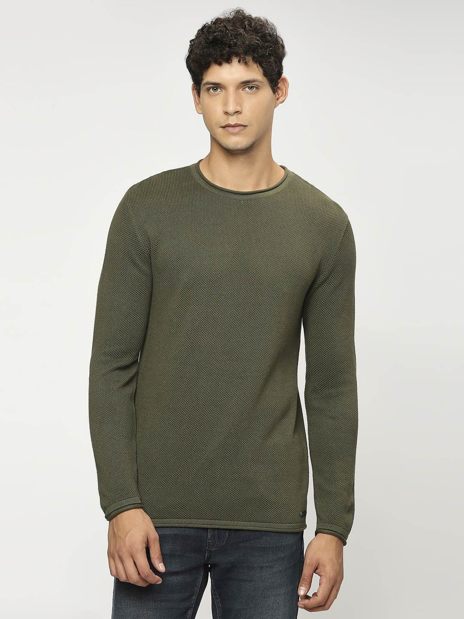 Pepe Jeans Olive Cotton Regular Fit Self Pattern Sweater