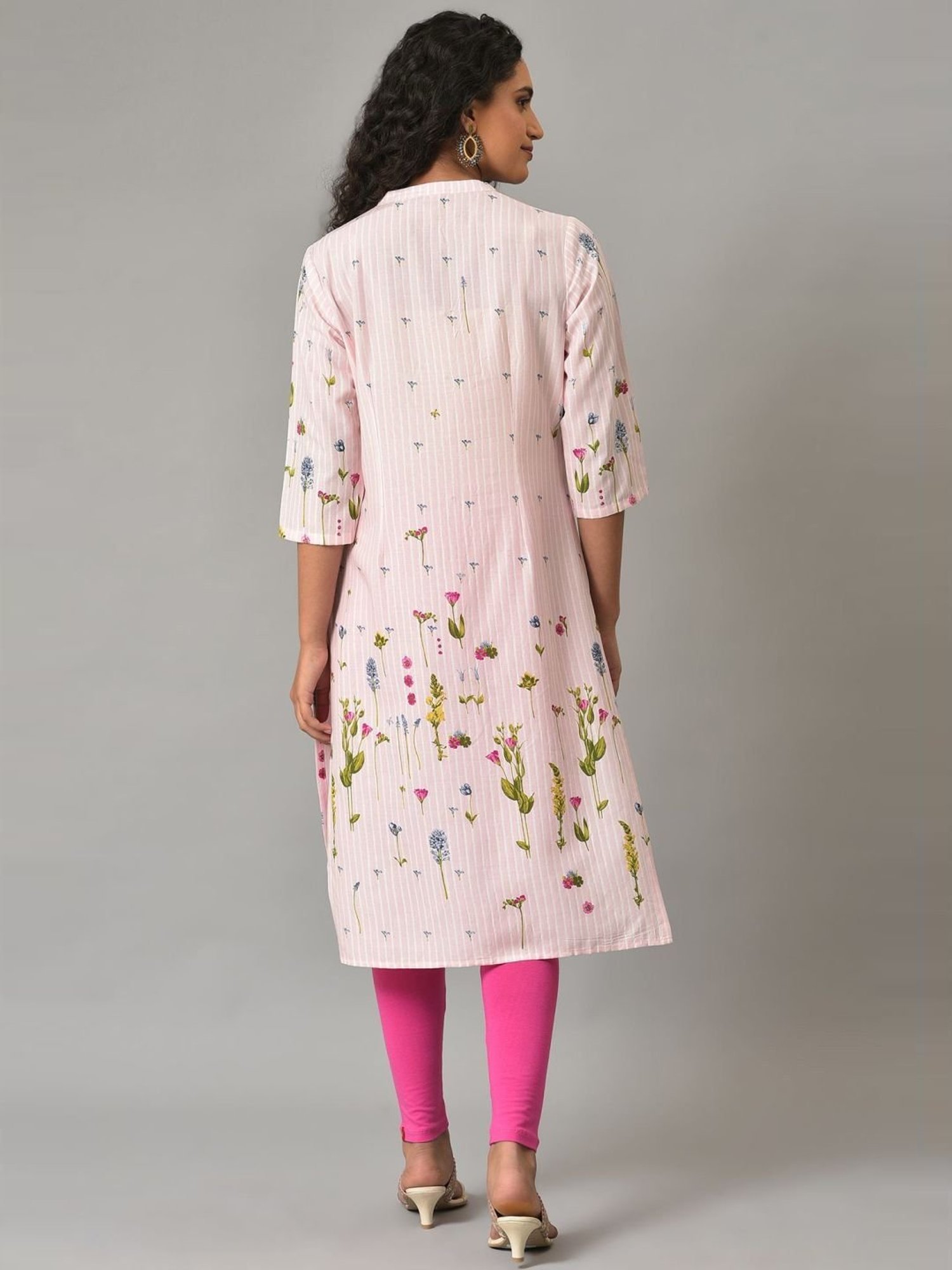 W Pink Floral Print Straight Kurta