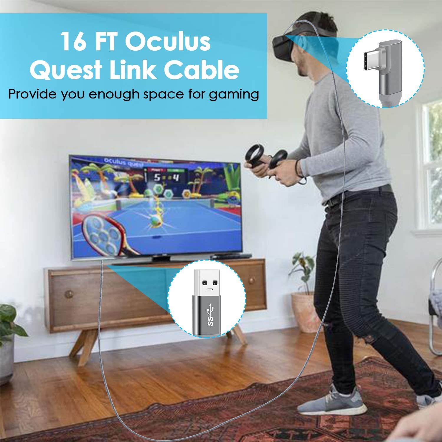 Compatible for Oculus Quest 2 Link Cable 10FT, VR Link Cable for Oculus Quest 2 / Quest 1, USB 3.0 Type A to C High Speed Data Transfer Charging Cord for Oculus VR Headset and Gaming PC (10feet, 3M)