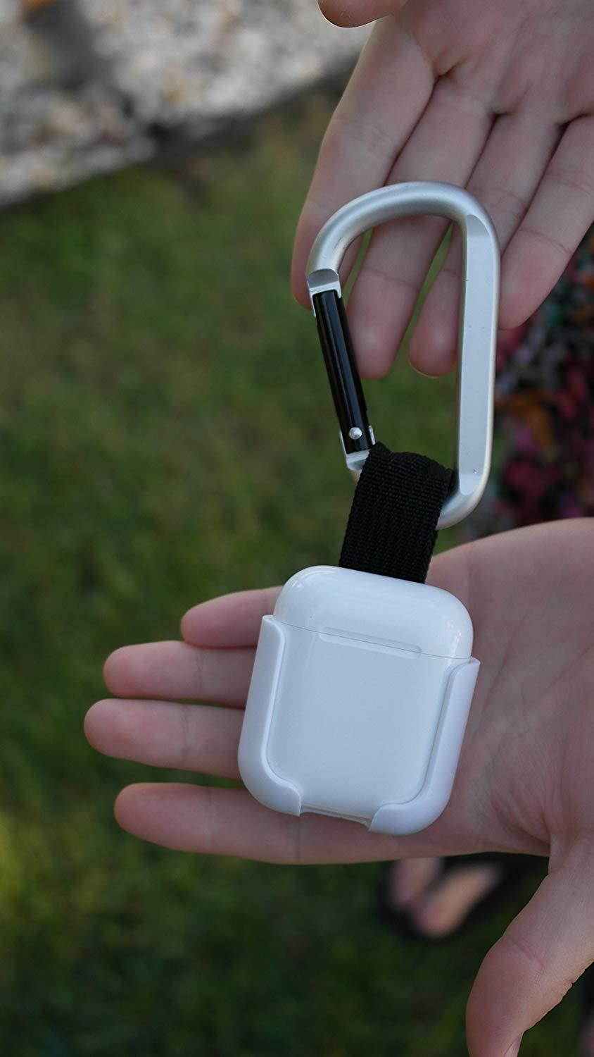 NEW-EARBUDi Clip Case for Apple AirPods | Built in clip Attaches to Belt, Pocket, or Bag | Included Carabineer clips to Most Anything | Included Key Ring Turns your AirPods into a Keychain | White