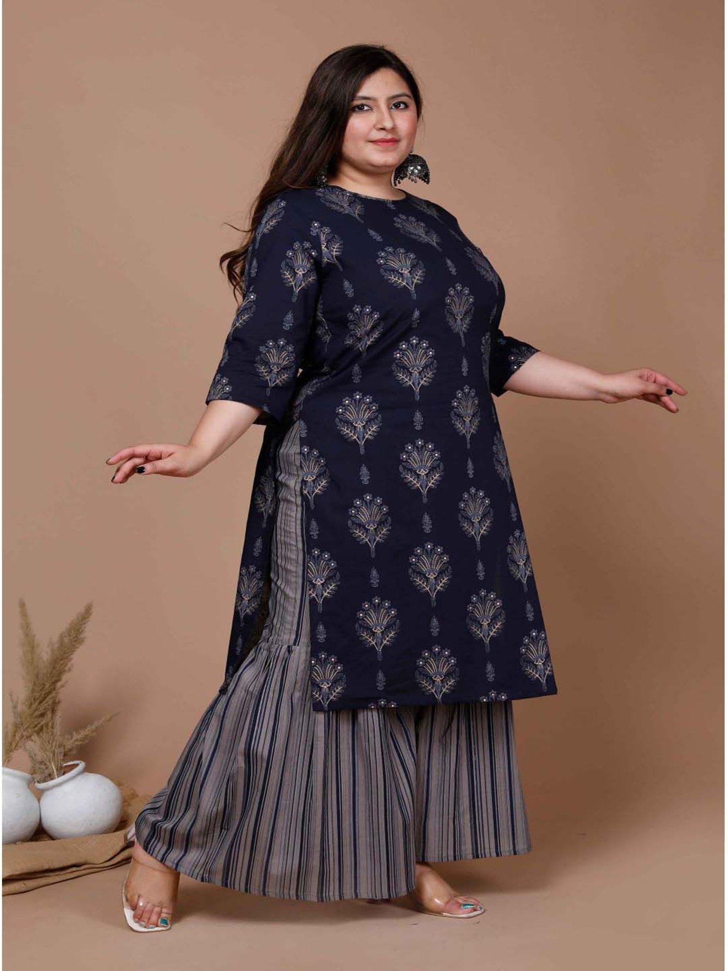 Miravan Blue Cotton Printed Kurta Palazzo Set
