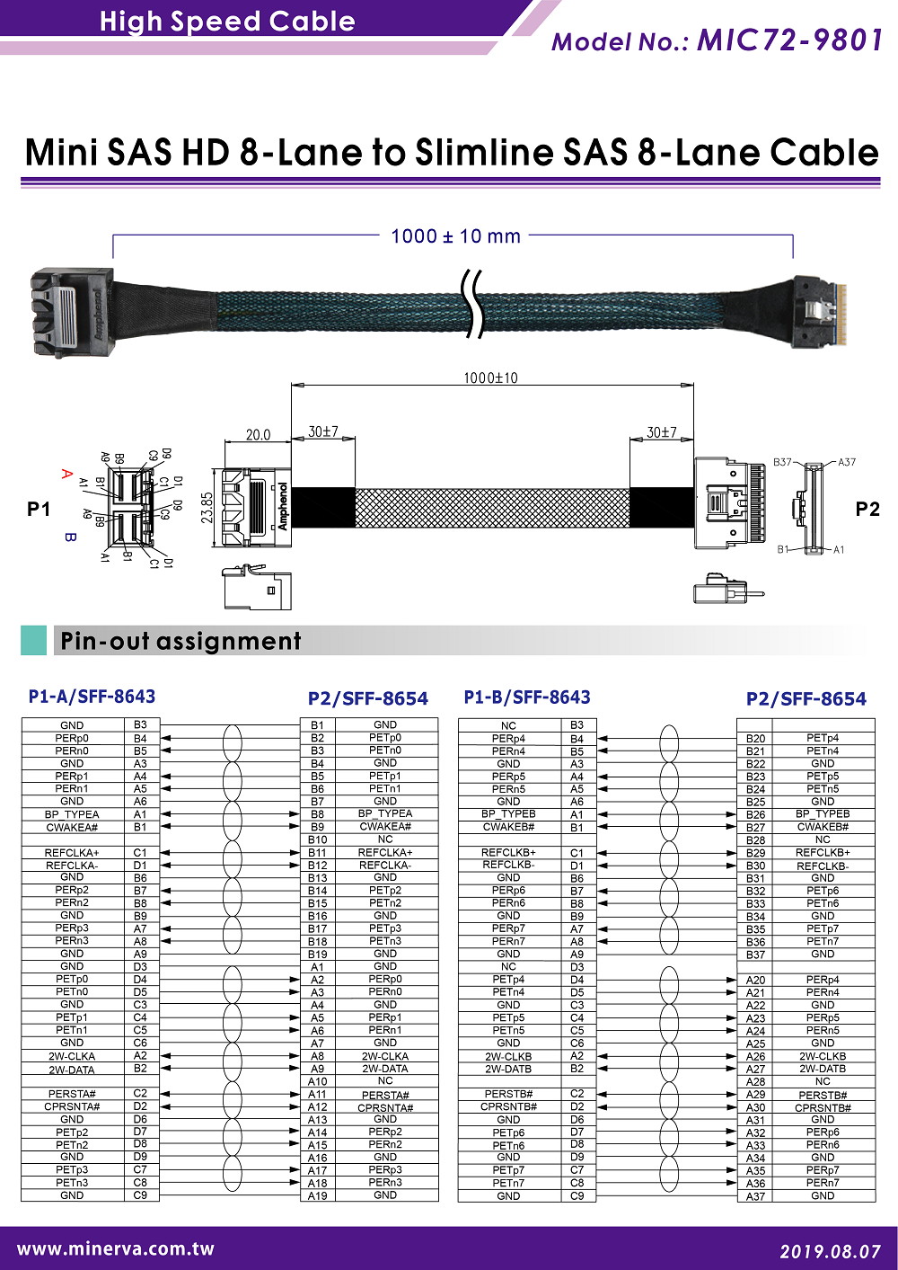 Mini SAS HD (SFF-8643) 8-Lane to Slimline SAS (SFF-8654) 8-Lane Cable for RSP3TD160F