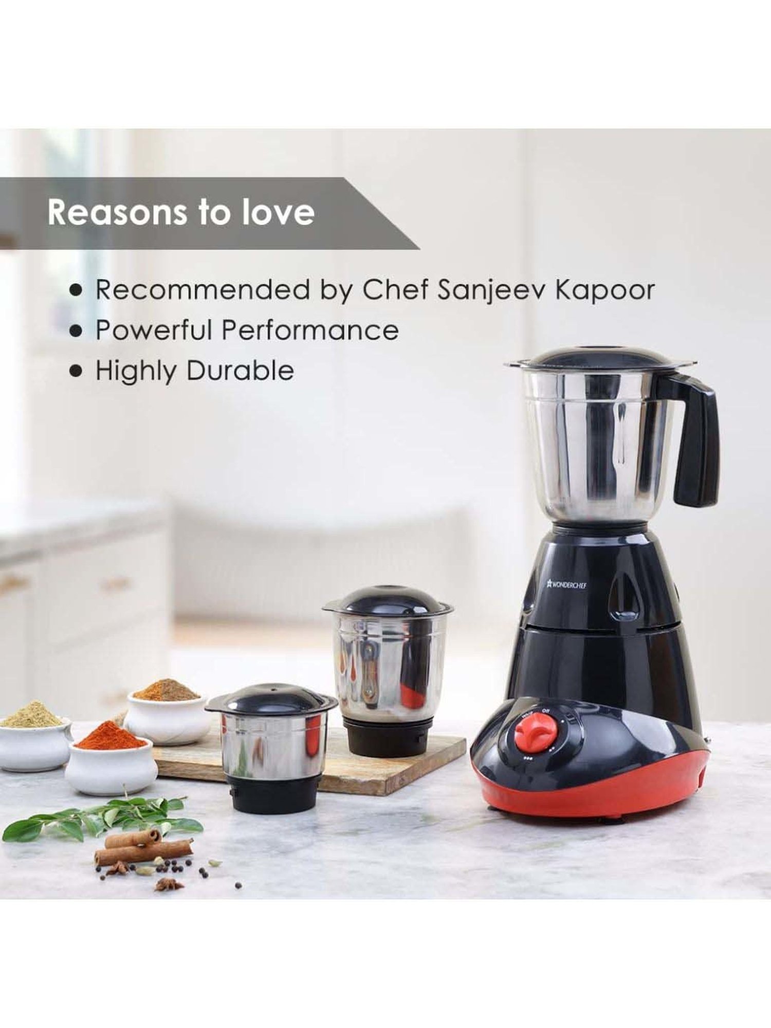 Wonderchef Capri 750W Mixer Grinder with 3 Stainless Steel Jars & 5 Years Warranty (Black & Red)