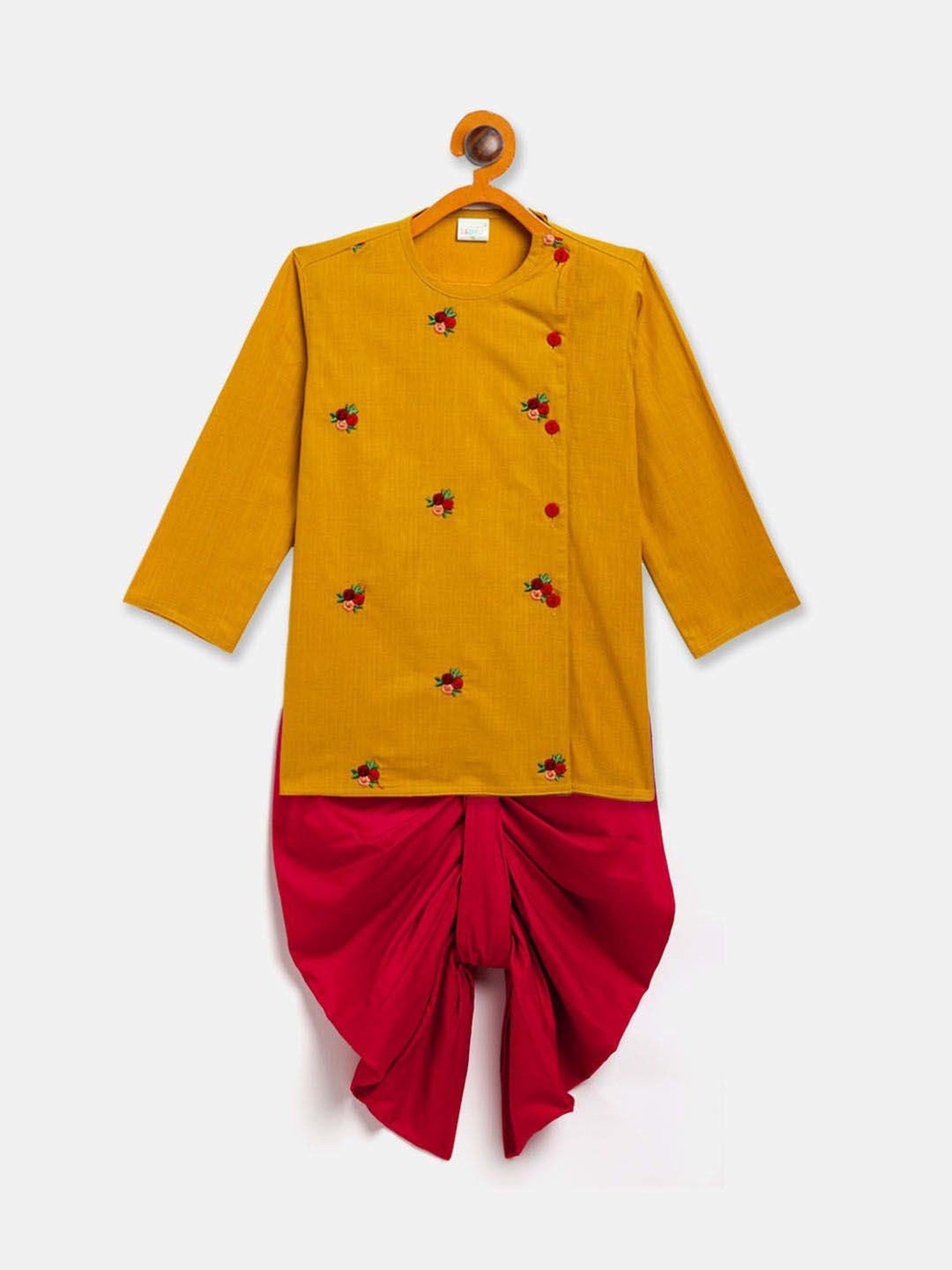 VASTRAMAY Boys Mustard & Red Embroidery Full Sleeves Kurta Sets