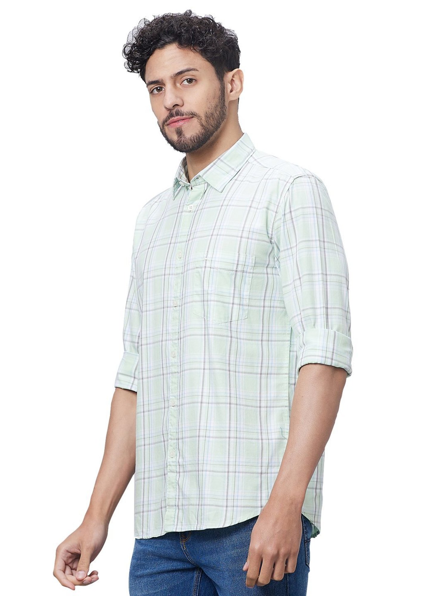 Parx Light Green Cotton Slim Fit Checks Shirt