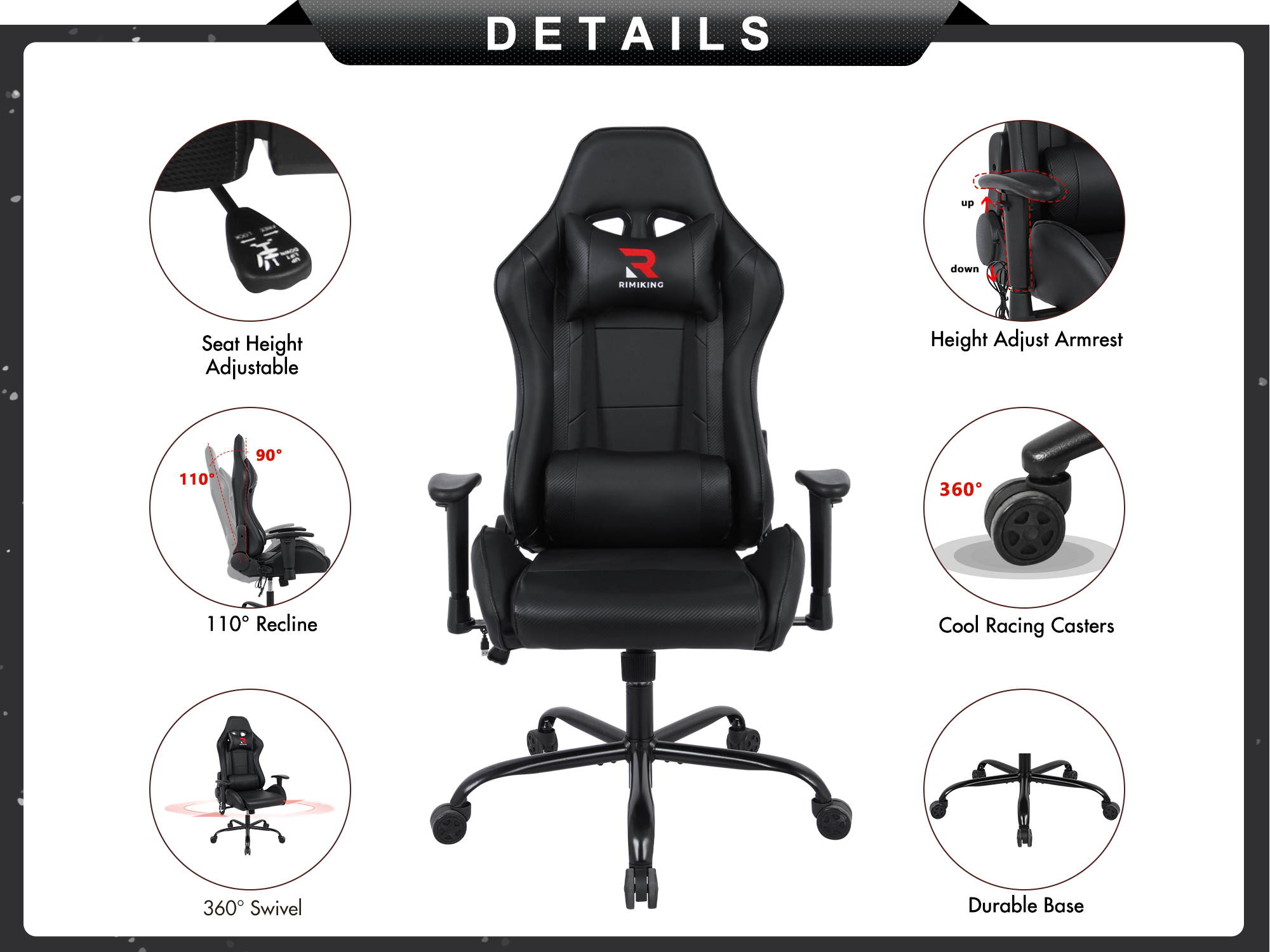 RIMIKING Massage Racing High Back Ergonomic  Computer Gaming Chair  Soft Headrest&Backrest Desk Chair Swivel Adjustable Armrest  Office Chair