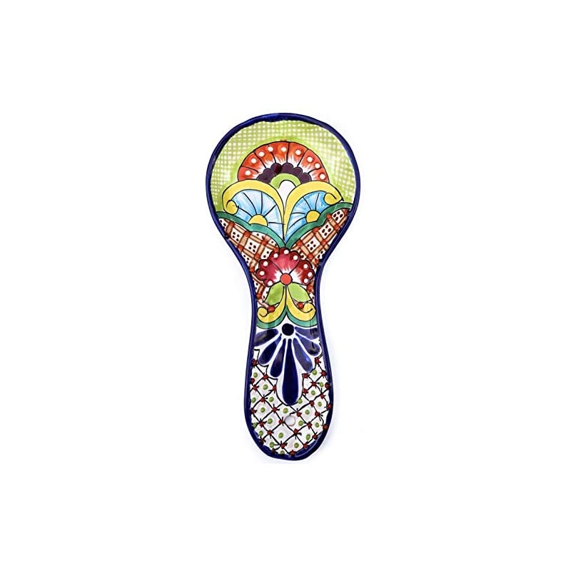 Hand Painted Large Talavera Ceramic Spoon Rest for Mexican Style Kitchen Decor Accesories Colorful Green Floral Design Utensil Holder
