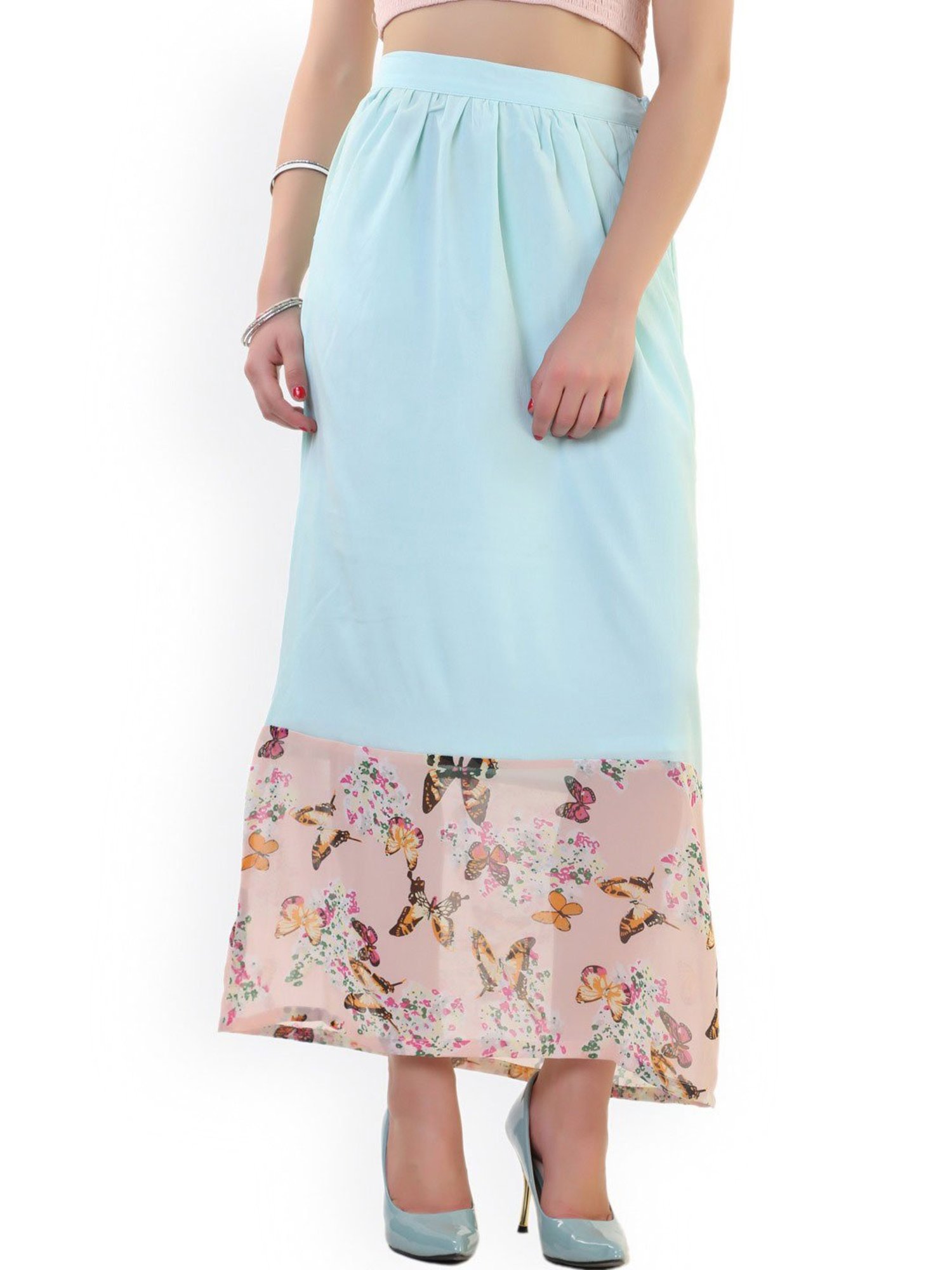 Belle Fille Sky Blue & Beige Printed Skirt