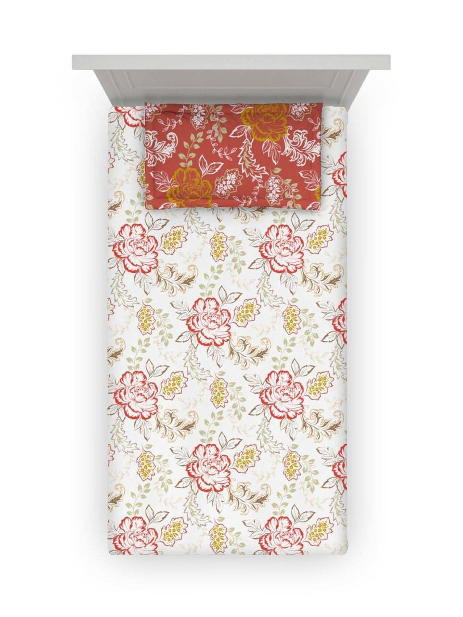 DDecor Lyra Floral Red Cotton 144 TC Single Bedsheet With 1 Pillow Cover