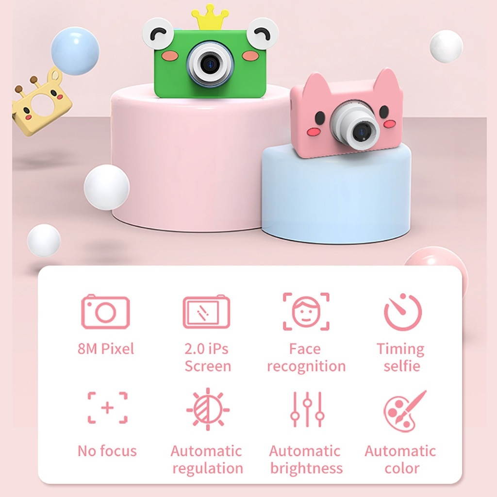 D9 8.0 Mega Pixel Lens Fashion Thin and Light Mini Digital Sport Camera with 2.0 inch Screen & Pig Shape Protective Case & 16G Memory for Children