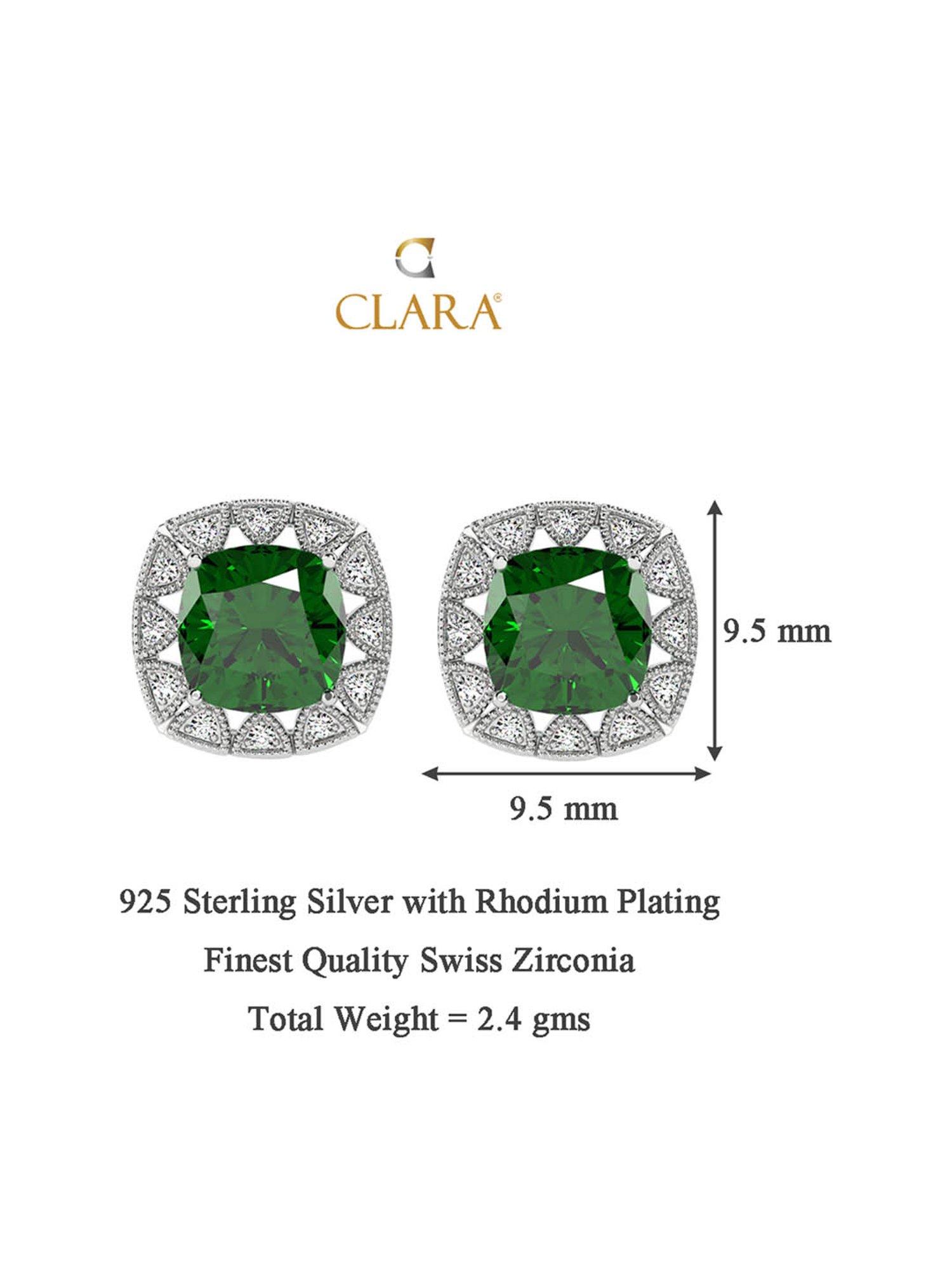 Clara 92.5 Sterling Silver Swiss Zirconia Dark Green Cushion Stud Earrings
